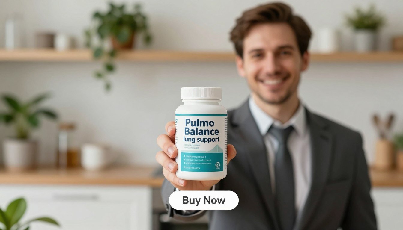 A well-lit, high-resolution image of a man in professional business attire, confidently holding a container of "Pulmo Balance lung support" supplement, prominently displayed in the foreground. The background features a soft-focus of a serene, health-focused environment, such as a modern kitchen or a wellness space filled with plants, hinting at a sense of vitality and balance. A clear "Buy Now" button is subtly placed below the product to indicate a call to action. The lighting is warm and inviting, enhancing the trustworthy and premium feel of the product. The overall mood conveys health, confidence, and a focus on lung support, perfect for illustrating key ingredients and benefits. A well-lit, high-resolution image of a man in professional business attire, confidently holding a container of "Pulmo Balance lung support" supplement, prominently displayed in the foreground. The background features a soft-focus of a serene, health-focused environment, such as a modern kitchen or a wellness space filled with plants, hinting at a sense of vitality and balance. A clear "Buy Now" button is subtly placed below the product to indicate a call to action. The lighting is warm and inviting, enhancing the trustworthy and premium feel of the product. The overall mood conveys health, confidence, and a focus on lung support, perfect for illustrating key ingredients and benefits.