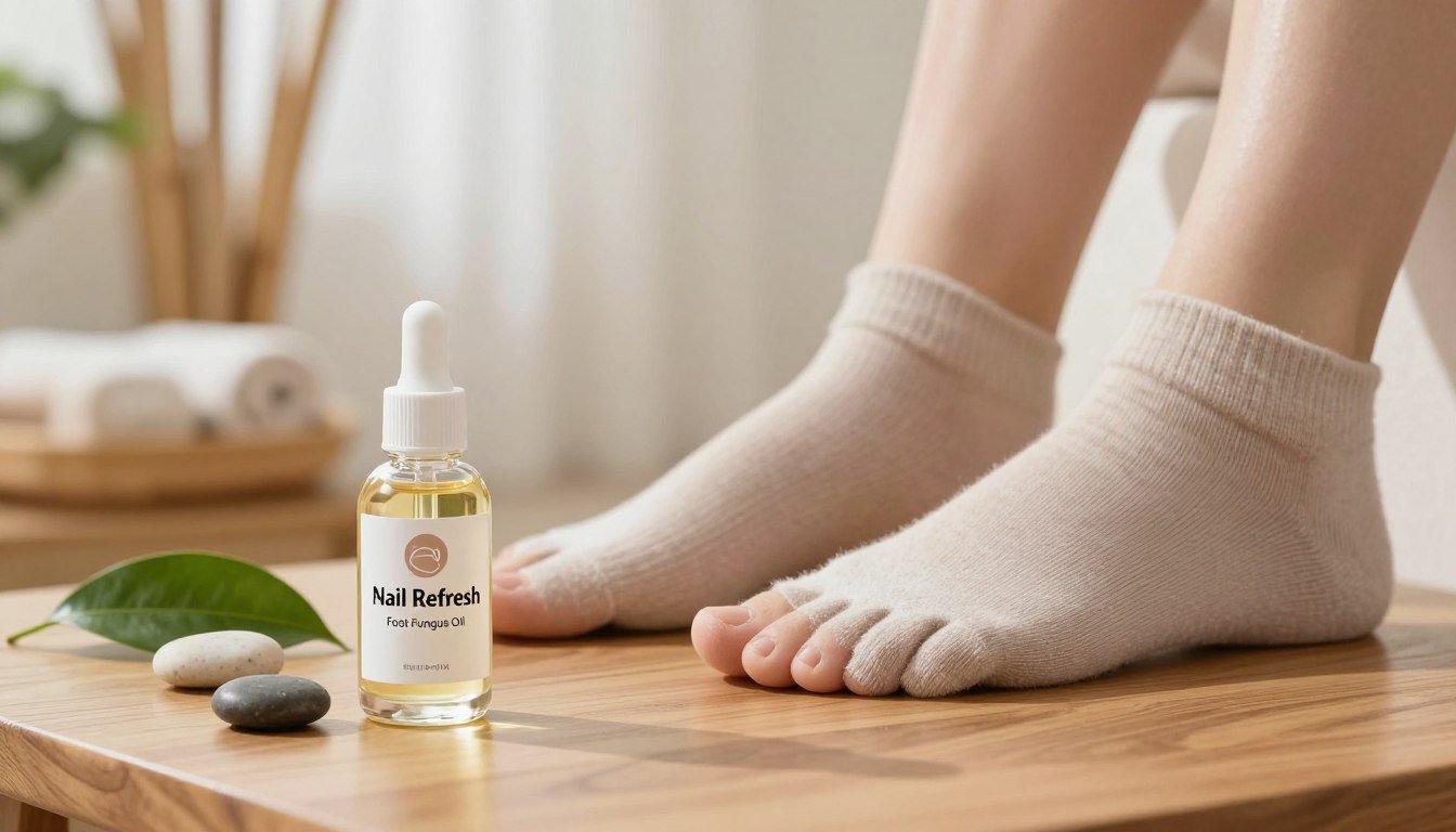 A close-up view of a professional and serene home spa setting showcasing "Nail Refresh Foot Fungus Oil." In the foreground, a clear glass bottle of the oil, elegantly labeled, rests on a smooth wooden table accompanied by natural elements like green leaves and small stones. In the middle ground, a pair of manicured feet in modest, soft-toned cotton socks reflect comfort and care. The background reveals a softly lit environment, with bamboo and gentle spa décor, creating a calming atmosphere. Natural light filters through sheer curtains, casting gentle shadows. Capture this scene with a shallow depth of field, emphasizing the product while maintaining a relaxing vibe. Ensure the setting induces serenity and wellness, inviting viewers to feel rejuvenation. A close-up view of a professional and serene home spa setting showcasing "Nail Refresh Foot Fungus Oil." In the foreground, a clear glass bottle of the oil, elegantly labeled, rests on a smooth wooden table accompanied by natural elements like green leaves and small stones. In the middle ground, a pair of manicured feet in modest, soft-toned cotton socks reflect comfort and care. The background reveals a softly lit environment, with bamboo and gentle spa décor, creating a calming atmosphere. Natural light filters through sheer curtains, casting gentle shadows. Capture this scene with a shallow depth of field, emphasizing the product while maintaining a relaxing vibe. Ensure the setting induces serenity and wellness, inviting viewers to feel rejuvenation.