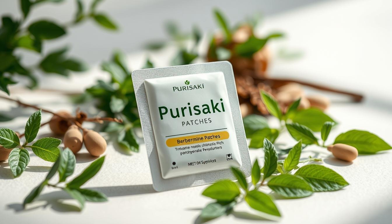 A close-up view of a sleek, modern transdermal patch labeled "Purisaki Berberine Patches," prominently displayed on a smooth, light-colored surface. The patch has a translucent design, exhibiting a subtle sheen and organic textures that suggest its natural ingredients. Surrounding the patch are fresh, vibrant herbal elements like berberine-rich plants and other organic supplements, softly blurred in the background to create depth. Natural lighting cascades from the upper left corner, highlighting the patch and herbs, while shadows add dimension. The atmosphere is calming and health-focused, with a harmonious blend of green and white tones, intended to evoke a sense of wellness and innovative health solutions.