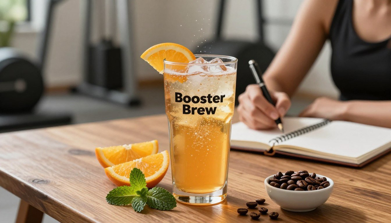 A dynamic scene showcasing "Booster Brew", a natural energy and performance formula. In the foreground, an elegant glass filled with the vibrant, effervescent Booster Brew beverage, sparkling under soft, warm lighting. Surrounding the glass, fresh, colorful ingredients such as citrus slices, mint leaves, and a small bowl of coffee beans to emphasize its natural components. In the middle ground, a stylish wooden table with a notebook and a pen, suggesting a professional setting where individuals are making notes on energy performance. The background features a soft-focus fitness environment with exercise equipment, hinting at an active lifestyle. The atmosphere is energizing and fresh, inviting viewers to explore the benefits of this natural formula. The scene conveys vitality and wellness, reflecting a professional yet approachable vibe.