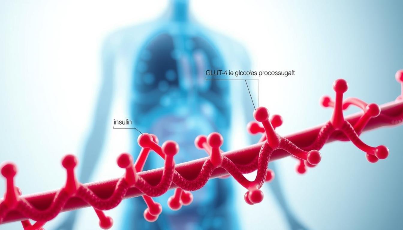A dynamic, scientifically-inspired illustration of the GLUT-4 receptor, prominently situated in the foreground, showcasing its molecular structure in vibrant colors. The receptor is intricately detailed, with annotations highlighting its key features and functions. In the middle ground, a soft-focus depiction of glucose molecules interacting with insulin is present, representing the process of glucose transport. The background features a subtle illustration of a human cell, enhancing the biological context. The lighting is bright and clinical, giving a sense of clarity and precision, while the camera angle is slightly tilted to create a dynamic perspective. The overall atmosphere is educational and engaging, perfectly capturing the essence of how Gluco6 works to support blood sugar levels, emphasizing scientific integrity and modern research.