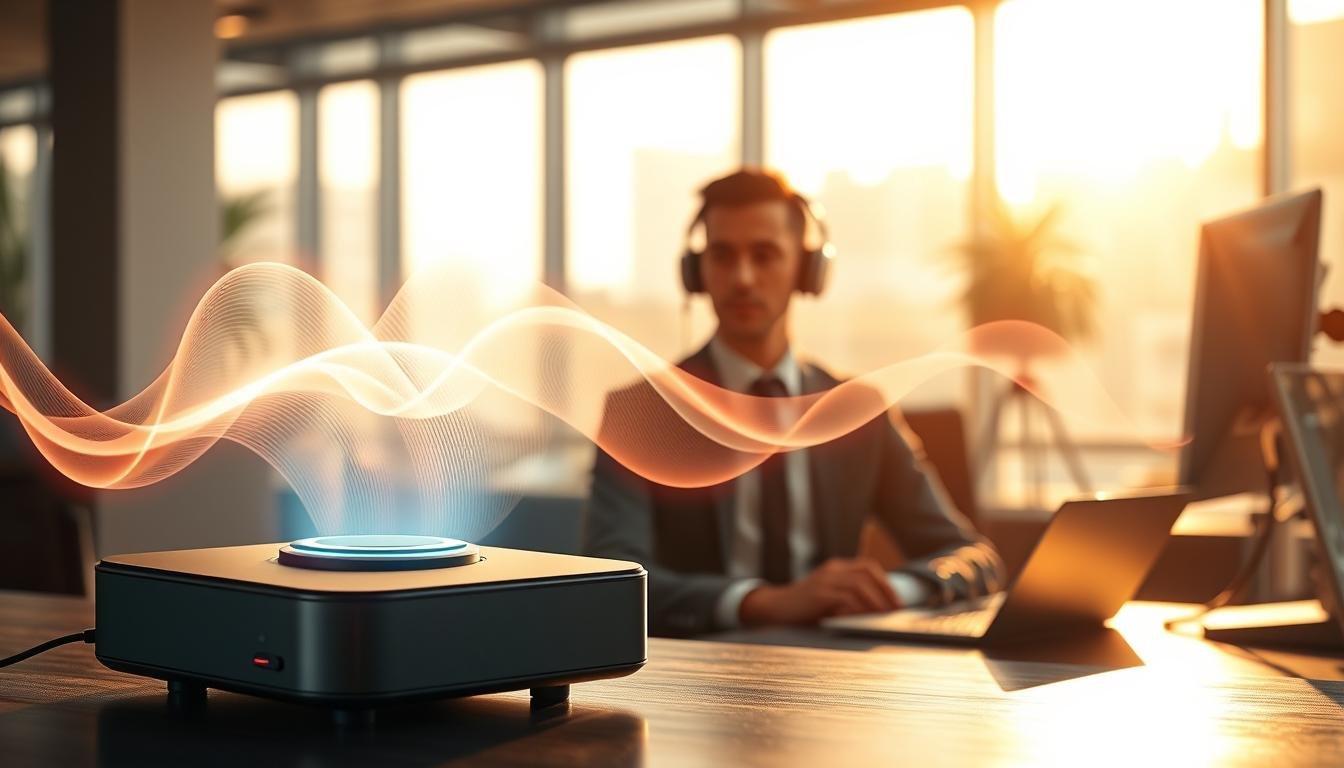 A harmonious blend of sound and technology portraying the concept of "Billionaire Brain Wave". In the foreground, a sleek audio device emitting soft, glowing waves representing brainwave frequencies. In the middle ground, a focused professional in business attire, seated in a modern workspace, wearing headphones and immersed in their task, surrounded by abstract visuals of sound waves and neural patterns. The background features a stylish, high-tech office environment with large windows allowing warm, golden sunlight to flood the space, creating a motivational and serene atmosphere. Soft shadows enhance the depth, while a slight bokeh effect adds a dreamlike quality, embodying innovation and focus. The overall mood is focused, inspiring, and energetic, reflecting the powerful effects of frequency-based brain programs.