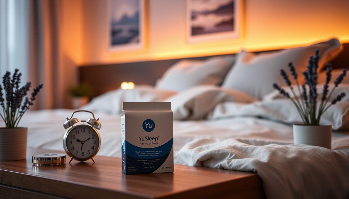 A peaceful bedroom scene showcasing the "Yu Sleep" product range. In the foreground, a stylishly arranged sleep aid package, elegantly displaying the "Yu Sleep" branding, is placed on a bedside table next to a sleek alarm clock and a potted lavender plant. In the middle ground, a cozy bed with plush pillows and soft bedding evokes a sense of comfort, with dim, warm lighting casting a gentle glow throughout the room. In the background, soft-focus artwork depicting tranquil landscapes hangs on the wall, contributing to a serene atmosphere. The overall mood is calming and inviting, emphasizing relaxation and restful sleep. The image is taken from a slightly elevated angle, capturing the full essence of the peaceful sleep environment.