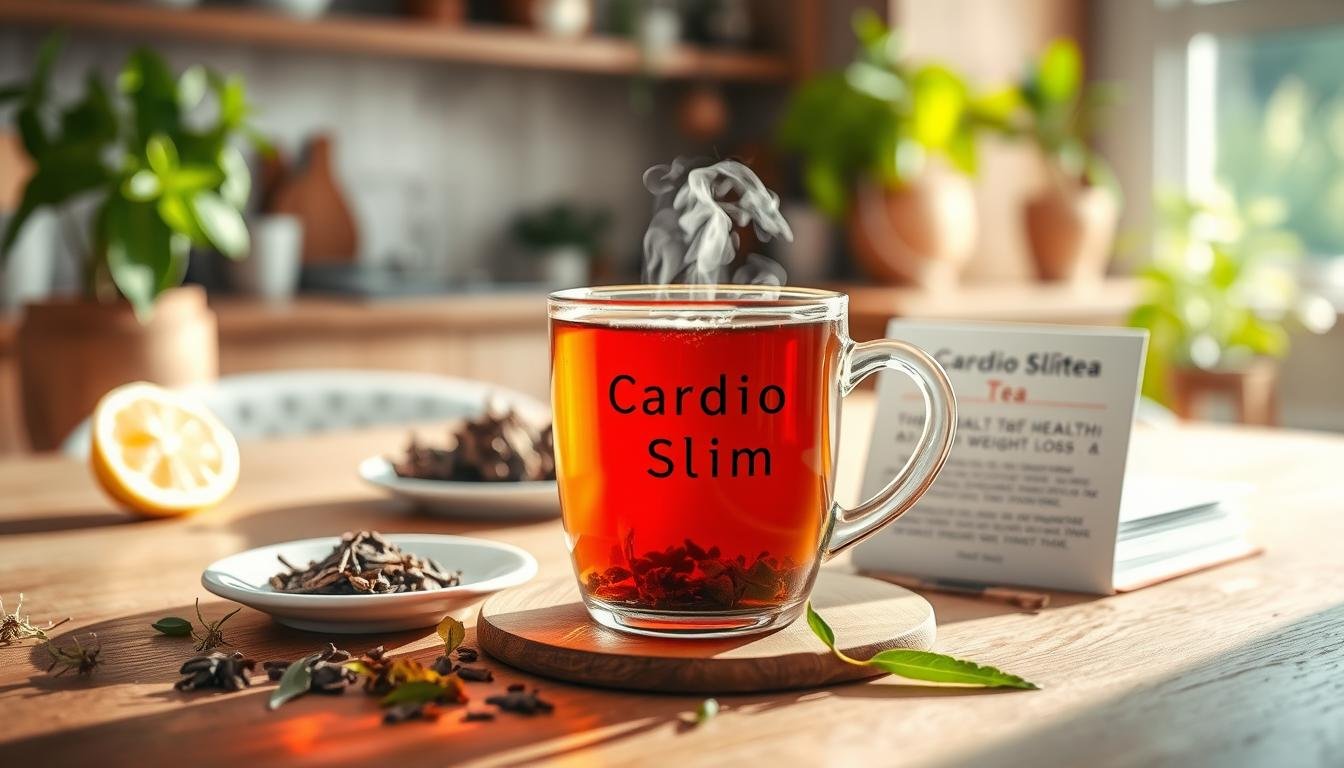 A serene and inviting setting showcasing a vibrant cup of "Cardio Slim Tea" surrounded by fresh herbs and natural ingredients like green tea leaves and lemon slices. In the foreground, a clear glass cup reveals the rich, amber liquid, steaming gently in the soft morning light. The middle ground features an elegant wooden table with a small plate of herbal ingredients, and a file nearby displaying benefits of heart health and weight loss in a tasteful manner. The background is a softly blurred kitchen setting with fresh plants and a hint of sunlight streaming through a window, creating a warm and cozy atmosphere. The image is bright, with soft focus using a shallow depth of field, capturing the essence of wellness and natural living, inviting viewers to explore the potential of this tea. A serene and inviting setting showcasing a vibrant cup of "Cardio Slim Tea" surrounded by fresh herbs and natural ingredients like green tea leaves and lemon slices. In the foreground, a clear glass cup reveals the rich, amber liquid, steaming gently in the soft morning light. The middle ground features an elegant wooden table with a small plate of herbal ingredients, and a file nearby displaying benefits of heart health and weight loss in a tasteful manner. The background is a softly blurred kitchen setting with fresh plants and a hint of sunlight streaming through a window, creating a warm and cozy atmosphere. The image is bright, with soft focus using a shallow depth of field, capturing the essence of wellness and natural living, inviting viewers to explore the potential of this tea.