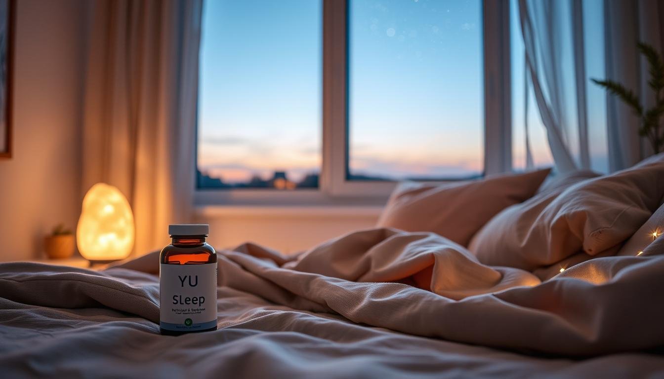 A serene bedroom setting at twilight, featuring a comfortable bed adorned with soft, natural textiles in soothing earth tones, conveying a sense of tranquility. In the foreground, a bottle of "Yu Sleep" natural sleep supplement sits on a nightstand next to a glowing salt lamp, emitting a warm and calming light. In the middle, a window reveals a gentle night sky twinkling with stars, symbolizing the circadian rhythm and the connection to nature's cycles. Soft, diffused lighting captures the relaxed mood, while gentle shadows create depth. The overall atmosphere should evoke a sense of peaceful sleep and natural wellness, highlighting the importance of aligning with circadian rhythms for deep, restorative rest.
