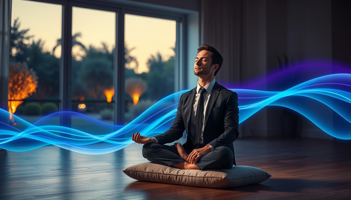 A serene meditation scene illustrating "theta brainwave meditation" with a focus on the concept of the "Billionaire Brain Wave". In the foreground, a person in professional business attire sits cross-legged on a soft meditation cushion, eyes closed, radiating calmness. The middle ground features abstract waves of energy in soothing blue and purple hues, symbolizing theta brainwaves, gently undulating around the meditating figure. The background showcases a peaceful, softly lit room with large windows revealing a tranquil garden at dusk, illuminated by warm, golden light. This creates a tranquil and introspective atmosphere, emphasizing relaxation and mental clarity. The overall mood is calming and focused, inviting viewers into a state of mindfulness and deep concentration.