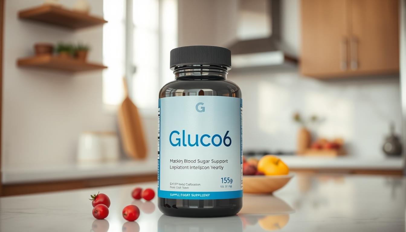 A sleek and modern representation of the Gluco6 supplement bottle, prominently displaying its label with the brand name "Gluco6". Set against a soft-focus kitchen countertop background, the bottle is positioned in the foreground, slightly angled for depth. Soft, natural daylight filters through a nearby window, creating a warm and inviting atmosphere. In the middle ground, a small bowl of fresh fruits, such as berries and apples, symbolizes health and wellness. The scene conveys a sense of vitality and balance, ideal for an audience interested in blood sugar support. The image should be captured with a shallow depth of field to emphasize the supplement while the background remains gently blurred, maintaining focus on the product.
