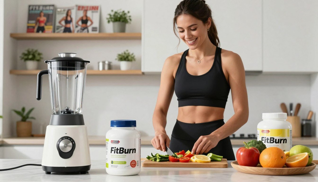 A sleek, modern kitchen scene featuring a fit, athletic individual in professional workout gear, energetically preparing a healthy meal with vibrant fruits and vegetables, symbolizing the core benefits of FitBurn. The foreground showcases a stylish blender and nutritional supplements labeled "FitBurn," highlighting its role in fitness and health. In the middle, the person is smiling and engaged, demonstrating vitality and enthusiasm. The background includes shelves filled with fitness magazines and plants, creating an inviting atmosphere. The lighting is bright, resembling natural daylight, capturing the essence of health and well-being. The angle is slightly from below, emphasizing the energy and positivity radiating from the scene, while maintaining a clean and professional look.