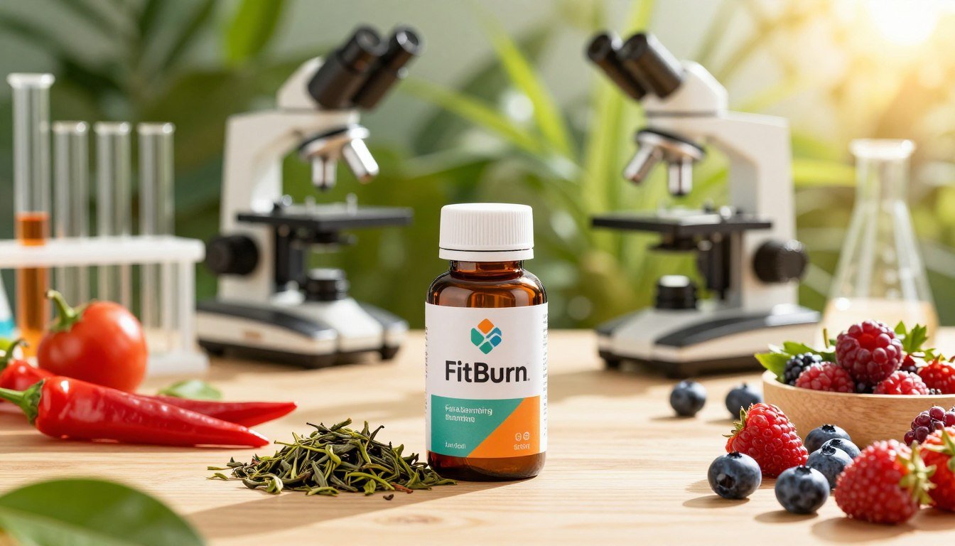 A vibrant, eye-catching table filled with an array of natural fat-burning ingredients, including green tea leaves, fresh chili peppers, and vibrant berries. In the foreground, a sleek, modern FitBurn bottle adorned with a stylish label showcasing its name prominently. The middle ground features a science lab setup, including beakers and a microscope, symbolizing research and innovation in fat loss. The background presents a softly blurred view of a healthy lifestyle environment, with lush greenery and sunlight streaming through, suggesting vitality and wellness. Illumination is warm and inviting, creating a motivational atmosphere. The composition is shot with a high-quality lens, focusing on the FitBurn product while maintaining an engaging depth of field.