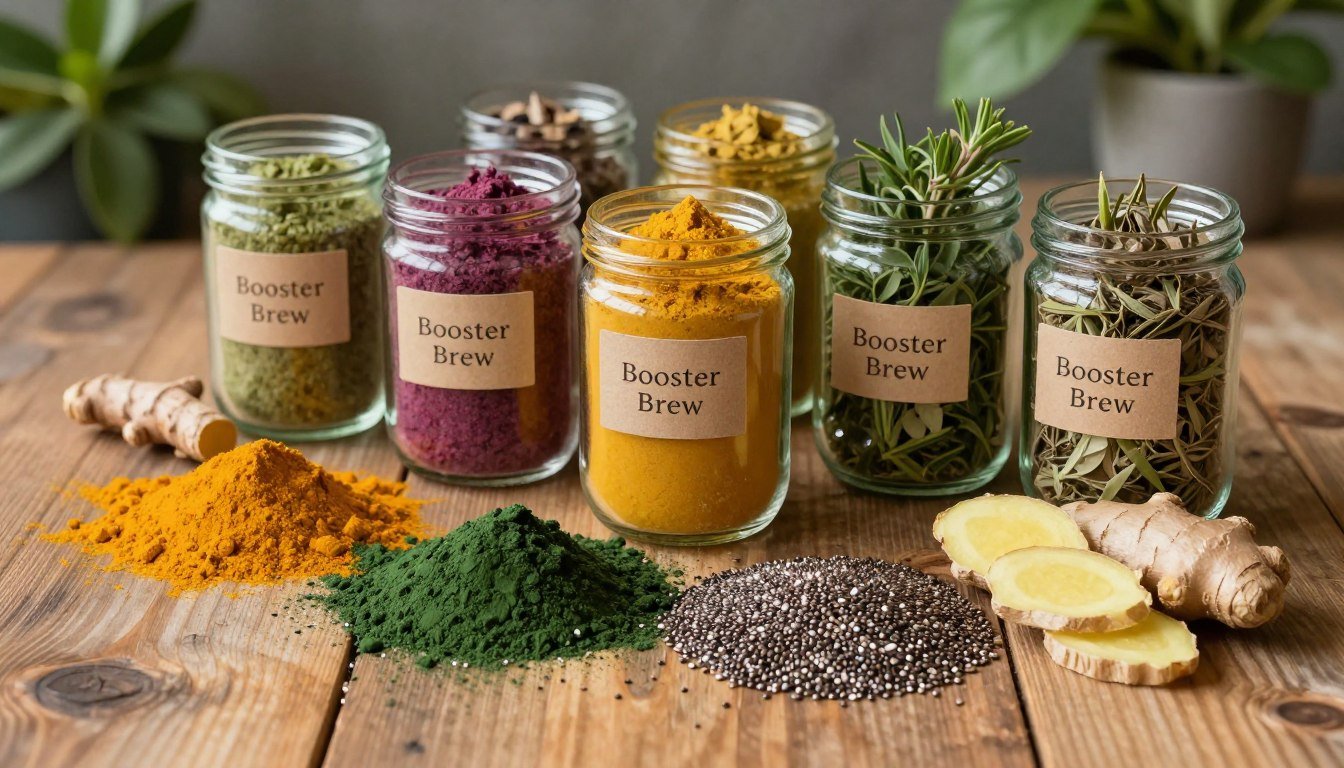 A visually appealing display of "Booster Brew" ingredients arranged artistically on a rustic wooden table. In the foreground, a vibrant blend of natural ingredients: golden turmeric powder, rich green spirulina, sparkling chia seeds, and fresh ginger slices attractively scattered across the surface. In the middle, glass jars filled with vivid, colorful powders and herbs, labeled with elegant, minimalistic tags, create a sense of organization. The background features softly blurred plants and herbs, hinting at their organic origins. Natural, warm lighting casts gentle shadows, enhancing the textures of the ingredients. The overall mood is energizing and uplifting, reflecting the concept of wellness and vitality. The camera angle is slightly elevated for a comprehensive view, showcasing the natural beauty of the ingredients while keeping the focus on "Booster Brew."