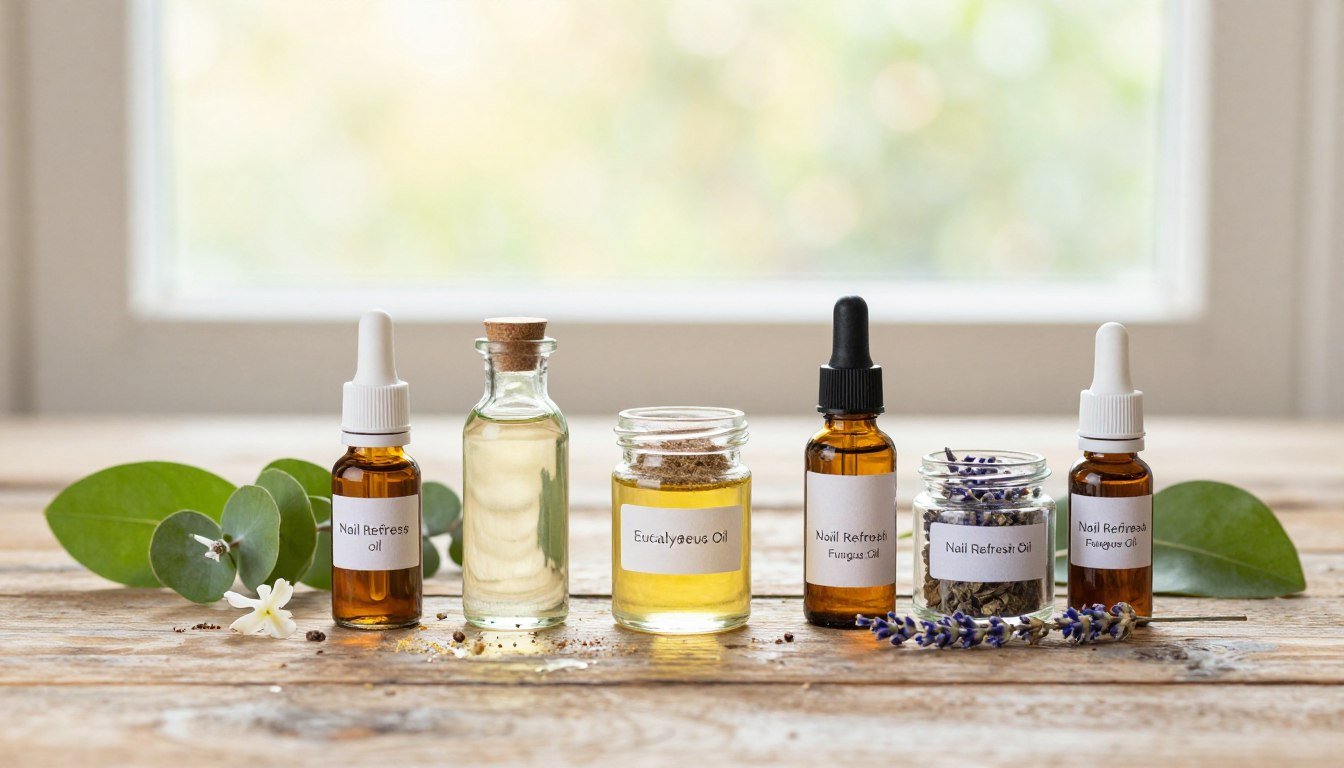 A visually appealing flat lay image showcasing the key natural ingredients in Nail Refresh Foot Fungus Oil. In the foreground, arrange small glass jars filled with vibrant oils and powders, such as tea tree oil, eucalyptus oil, lavender, and natural herbal extracts, each labeled clearly but without text. In the middle, a rustic wooden table setting with green leaves and a few delicate flower petals accentuates the freshness. The background features soft, blurred natural elements like a light, sun-filtered window with gentle afternoon lighting, creating a warm, inviting atmosphere. The overall mood should suggest health, vitality, and natural well-being, emphasizing the purity of the ingredients used in Nail Refresh Foot Fungus Oil. A visually appealing flat lay image showcasing the key natural ingredients in Nail Refresh Foot Fungus Oil. In the foreground, arrange small glass jars filled with vibrant oils and powders, such as tea tree oil, eucalyptus oil, lavender, and natural herbal extracts, each labeled clearly but without text. In the middle, a rustic wooden table setting with green leaves and a few delicate flower petals accentuates the freshness. The background features soft, blurred natural elements like a light, sun-filtered window with gentle afternoon lighting, creating a warm, inviting atmosphere. The overall mood should suggest health, vitality, and natural well-being, emphasizing the purity of the ingredients used in Nail Refresh Foot Fungus Oil.