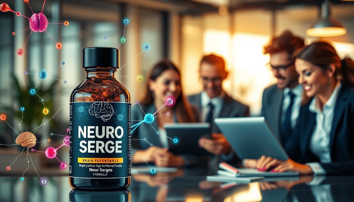 A visually captivating and informative depiction of "Neuro Serge," a brain-boosting formula. In the foreground, showcase an elegant, modern bottle of Neuro Serge with sleek labeling, reflecting a professional and scientific approach. Surround the bottle with brain imagery, neurons, and synaptic connections in vibrant colors, symbolizing enhanced focus and cognitive enhancement. In the middle ground, depict cheerful, diverse individuals in professional business attire, engaged in focused discussions or working on laptops, representing the target audience. The background should be a softly blurred office environment, bathed in warm, inviting lighting to create an atmosphere of productivity and inspiration. Use a slightly elevated angle to emphasize the product and its dynamic surroundings, ensuring a clear focus on the concept of brain enhancement through Neuro Serge. A visually captivating and informative depiction of "Neuro Serge," a brain-boosting formula. In the foreground, showcase an elegant, modern bottle of Neuro Serge with sleek labeling, reflecting a professional and scientific approach. Surround the bottle with brain imagery, neurons, and synaptic connections in vibrant colors, symbolizing enhanced focus and cognitive enhancement. In the middle ground, depict cheerful, diverse individuals in professional business attire, engaged in focused discussions or working on laptops, representing the target audience. The background should be a softly blurred office environment, bathed in warm, inviting lighting to create an atmosphere of productivity and inspiration. Use a slightly elevated angle to emphasize the product and its dynamic surroundings, ensuring a clear focus on the concept of brain enhancement through Neuro Serge.