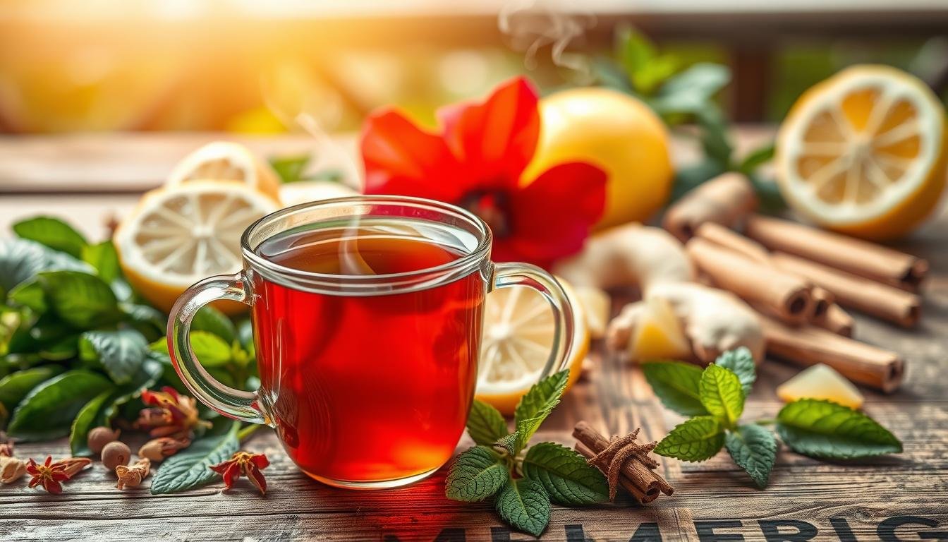 A visually striking flat lay composition featuring the ingredients of "Cardio Slim Tea," including fresh green tea leaves, dried hibiscus flowers, slices of ginger, and pieces of lemon, artfully arranged on a rustic wooden table. In the foreground, a clear glass teacup filled with steaming tea showcases a vibrant, amber hue, symbolizing warmth and health. The middle ground features additional ingredients, such as cinnamon sticks and mint leaves, highlighting their freshness and organic nature. In the soft, blurred background, there are subtle hints of nature, like a sunlight-dappled garden, creating a serene atmosphere. The lighting is warm and inviting, enhancing the fresh feel and inviting viewers to explore the natural benefits of this plant-based formula. Aim for a bright, uplifting mood to attract health-conscious readers. A visually striking flat lay composition featuring the ingredients of "Cardio Slim Tea," including fresh green tea leaves, dried hibiscus flowers, slices of ginger, and pieces of lemon, artfully arranged on a rustic wooden table. In the foreground, a clear glass teacup filled with steaming tea showcases a vibrant, amber hue, symbolizing warmth and health. The middle ground features additional ingredients, such as cinnamon sticks and mint leaves, highlighting their freshness and organic nature. In the soft, blurred background, there are subtle hints of nature, like a sunlight-dappled garden, creating a serene atmosphere. The lighting is warm and inviting, enhancing the fresh feel and inviting viewers to explore the natural benefits of this plant-based formula. Aim for a bright, uplifting mood to attract health-conscious readers.