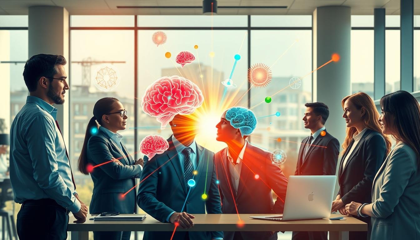 A visually striking illustration highlighting the benefits of "Neuro Energizer" as a brain-boosting formula. In the foreground, display a diverse group of professionals (both men and women) in business attire, engaged in focused discussion around a bright, modern workspace, radiating energy and concentration. In the middle ground, showcase vibrant visual metaphors for cognitive enhancement, such as glowing brain imagery, colorful thought clouds, and dynamic light beams representing mental energy. The background should feature a serene office environment with large windows allowing natural light to flood in, casting soft shadows. Capture the scene with a slightly elevated angle to emphasize clarity and create an inspiring atmosphere, showcasing the transformative effects of Neuro Energizer on focus and mental acuity. Use warm, inviting lighting to evoke a sense of motivation and productivity.