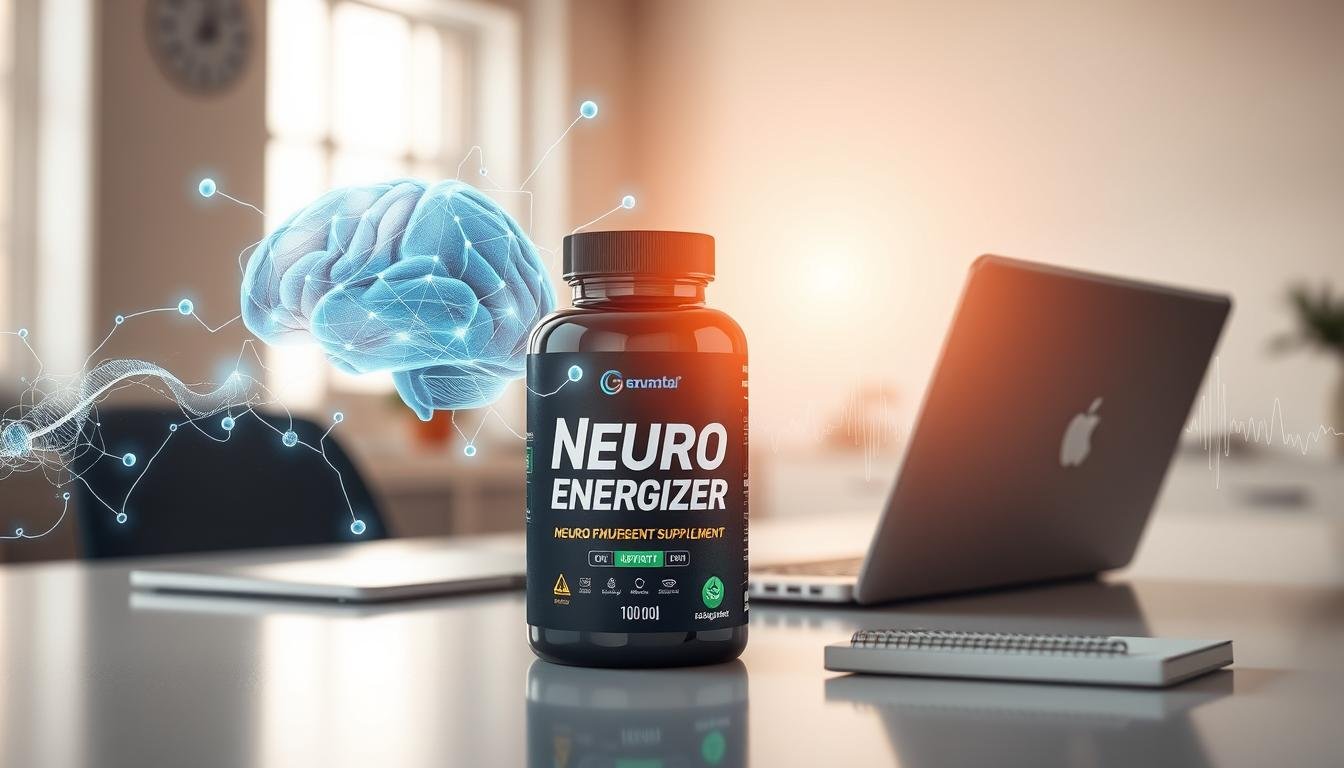 A visually striking image showcasing a bottle of "Neuro Energizer" supplement positioned prominently in the foreground. The bottle is sleek and modern, with a label featuring vibrant colors that suggest brain activity, such as shades of blue and green. Surrounding the bottle, there are glowing neural pathways and abstract representations of brainwaves, emphasizing the cognitive benefits. In the middle ground, a clean, minimalist desk is visible with a laptop and a notepad, indicating a workspace atmosphere. The background features a softly blurred image of a bright, airy office environment, illuminated by natural light coming through a window. The overall mood is energizing and professional, reflecting focus and productivity, ideal for anyone seeking cognitive enhancement.