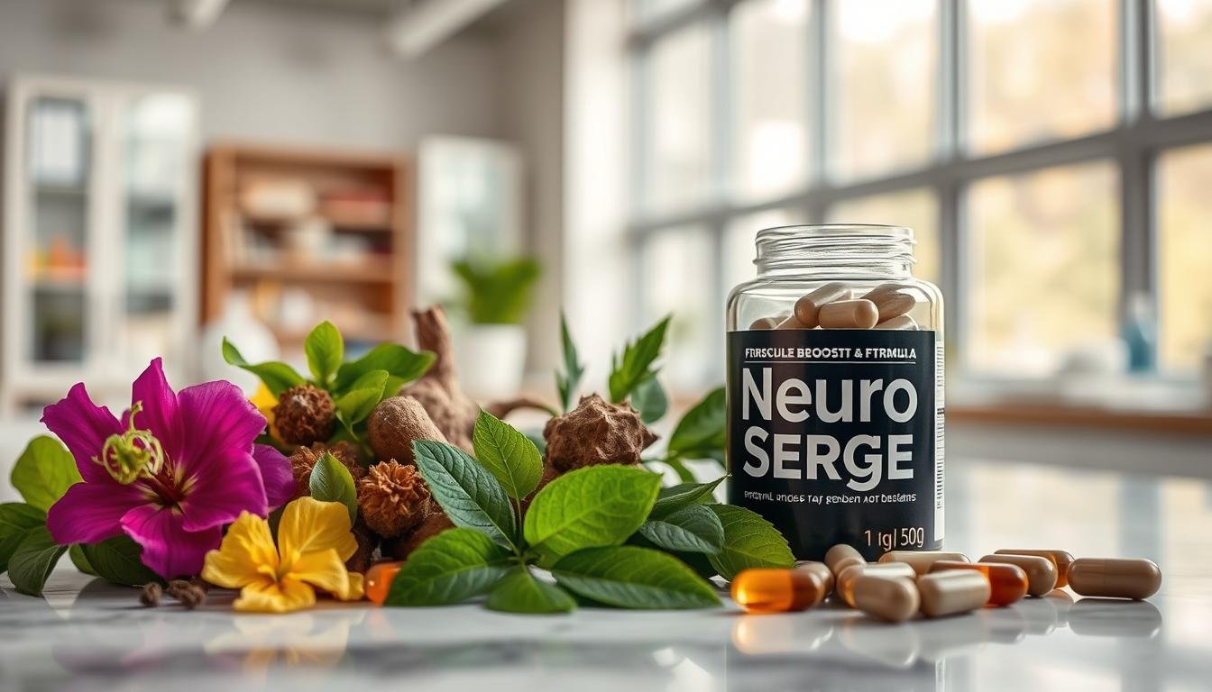 An artistic representation of Neuro Serge ingredients, focusing on a collection of vivid and fresh natural elements that reflect the brain-boosting formula. In the foreground, a beautifully arranged display of vibrant herbs and supplements, such as Ginkgo Biloba leaves, Ashwagandha roots, and Rhodiola Rosea, artfully positioned on a marble surface. The middle ground showcases a sleek, modern glass jar labeled "Neuro Serge," partially opened, with capsules spilling out. In the background, a softly blurred laboratory setting with bright, natural lighting filtering through large windows, creating a clean and professional ambiance. The image conveys a mood of clarity, focus, and vitality, symbolizing the innovative and health-conscious nature of the Neuro Serge brand. An artistic representation of Neuro Serge ingredients, focusing on a collection of vivid and fresh natural elements that reflect the brain-boosting formula. In the foreground, a beautifully arranged display of vibrant herbs and supplements, such as Ginkgo Biloba leaves, Ashwagandha roots, and Rhodiola Rosea, artfully positioned on a marble surface. The middle ground showcases a sleek, modern glass jar labeled "Neuro Serge," partially opened, with capsules spilling out. In the background, a softly blurred laboratory setting with bright, natural lighting filtering through large windows, creating a clean and professional ambiance. The image conveys a mood of clarity, focus, and vitality, symbolizing the innovative and health-conscious nature of the Neuro Serge brand.