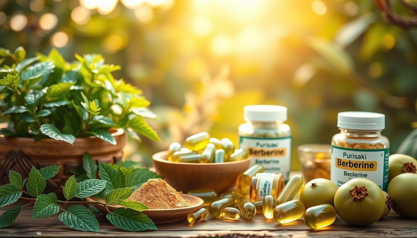 Create a vibrant, detailed image showcasing the key ingredients in Purisaki Berberine Patches. In the foreground, arrange fresh green berberine plants, glistening with morning dew, alongside a small wooden bowl of berberine root powder. In the middle ground, include capsules and soft-gel supplements, both transparent and clearly labeled with their natural colors. Place ripe Indian gooseberries (Amla) nearby, emphasizing their rich green hue and texture. In the background, feature a blurred herbal garden setting bathed in soft, warm sunlight to create an inviting atmosphere. Use a shallow depth of field to draw focus to the ingredients, and apply a natural, soft lighting effect to enhance the organic feel of the composition. Ensure the overall mood conveys a sense of wellness and natural health.