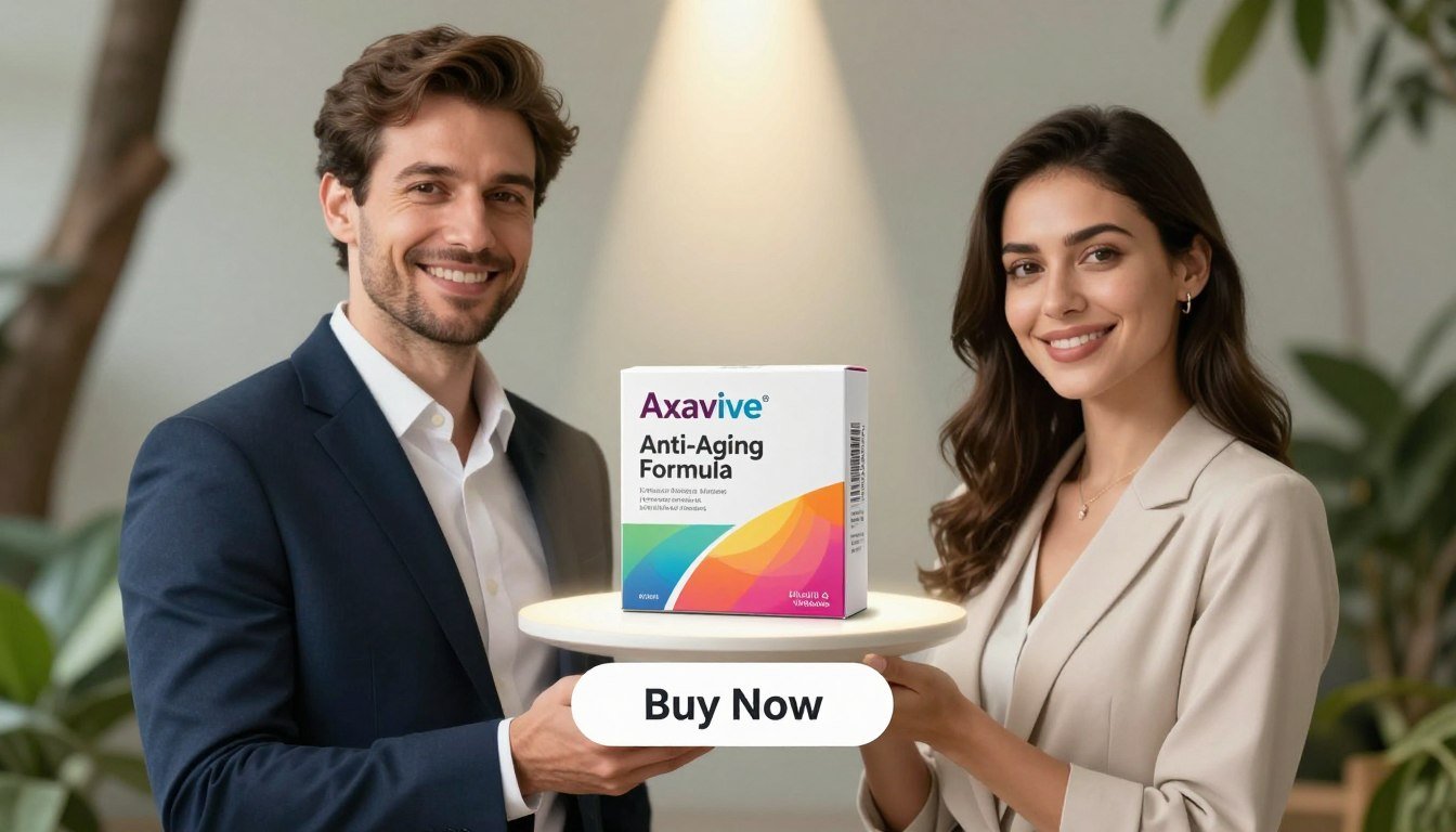 A beautifully composed product display featuring "Axavive Anti-aging Formula" prominently in the foreground, held by a stylishly dressed man and woman, both donning professional business attire. The man, with a warm smile and clean-cut appearance, stands on the left, while the woman, radiating confidence and wellness, stands on the right. In the middle, the product packaging is elegantly designed, showcasing vibrant colors and a glossy finish. The background is softly blurred to highlight the couple and the product, with a serene, natural setting that conveys a sense of tranquility and rejuvenation. A subtle spotlight illuminates the product, creating an inviting atmosphere. Below the image, a tasteful "Buy Now" button is integrated into the design. The brand name "Health & Wellness" is subtly but clearly associated with the product, enhancing its credibility without overpowering the visual. A beautifully composed product display featuring "Axavive Anti-aging Formula" prominently in the foreground, held by a stylishly dressed man and woman, both donning professional business attire. The man, with a warm smile and clean-cut appearance, stands on the left, while the woman, radiating confidence and wellness, stands on the right. In the middle, the product packaging is elegantly designed, showcasing vibrant colors and a glossy finish. The background is softly blurred to highlight the couple and the product, with a serene, natural setting that conveys a sense of tranquility and rejuvenation. A subtle spotlight illuminates the product, creating an inviting atmosphere. Below the image, a tasteful "Buy Now" button is integrated into the design. The brand name "Health & Wellness" is subtly but clearly associated with the product, enhancing its credibility without overpowering the visual.