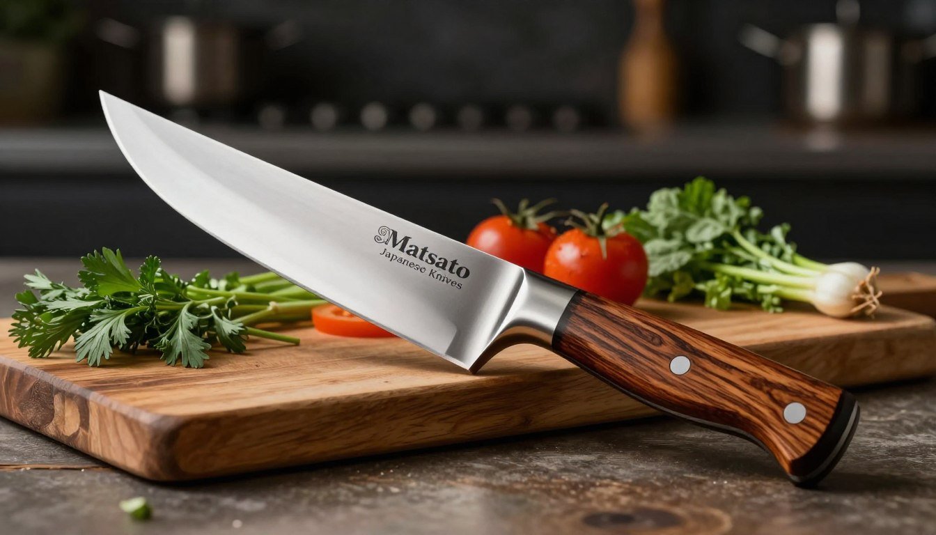 A beautifully crafted Matsato Osuren knife, showcasing its elegant, curved blade and striking wooden handle, positioned prominently in the foreground. The knife has intricate detailing engraved on the blade, reflecting its craftsmanship and quality. In the middle, set on a rustic wooden cutting board, lie fresh herbs and vibrant vegetables, hinting at its culinary purpose. The background features a softly blurred dark kitchen setting, adding a moody atmosphere. The scene is illuminated with cinematic lighting, highlighting the gleam on the blade and the textures of the ingredients. Shot in ultra-detailed 8k resolution, capturing the essence of professional kitchen photography. Display the brand "Matsato Japanese Knives" subtly in the image without any text overlays.
