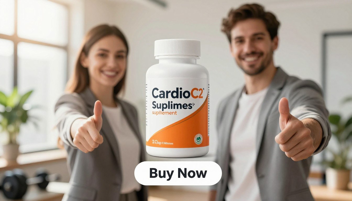 A bright and inviting image featuring a sleek, modern bottle of "CardioC2 supplement" prominently displayed in the foreground. Beside it, a fit man and woman, dressed in professional business attire, each holding the bottle with smiles, showcasing confidence and health. In the background, a soft-focus setting of a sunlit office or wellness space, with greenery and fitness equipment subtly visible, creating an atmosphere of vitality and well-being. The lighting is warm and engaging, highlighting the vibrant colors of the supplement bottle, which features the brand name "Health & Wellness" prominently. Below the bottle, a visually appealing "Buy Now" button enhances the call to action. The overall mood is dynamic and positive, emphasizing heart health and a proactive lifestyle.