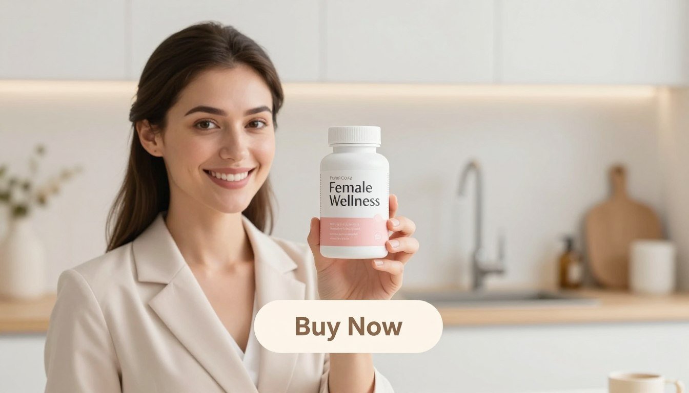 A bright and inviting product display featuring a woman in professional attire, holding a sleek, modern bottle of FemiCore—a natural bladder support supplement. The foreground showcases the woman smiling confidently, with direct eye contact, embodying health and wellness. She has a natural, glowing complexion and is surrounded by soft, ethereal light to create a sense of freshness. The middle ground displays the product prominently, with the brand name "Female Wellness" elegantly styled on the bottle. The background is a serene and calming setting, suggesting a healthy lifestyle—perhaps a softly blurred homey kitchen or a spa-like environment. A minimalist "Buy Now" button is featured below the product, designed in subtle pastel colors to complement the overall mood. The atmosphere is uplifting and encouraging, emphasizing the importance of feminine health and wellness.