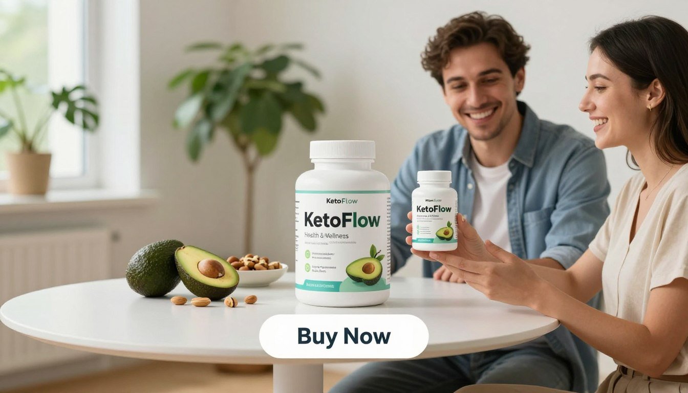 A bright and inviting product display showcasing "KetoFlow" by the brand "Health & Wellness". In the foreground, a cheerful man and woman in professional casual attire are joyfully holding the KetoFlow supplement bottle, emphasizing a sense of trust and enthusiasm. The middle ground features a sleek, modern table with the product prominently displayed alongside fresh keto-friendly food items like avocados and nuts. The background includes soft-focus green plants, symbolizing health and vitality, with warm, natural lighting creating a welcoming atmosphere. The image should convey a sense of energy and positivity, with a clear "Buy Now" button beneath the product, visually encouraging viewers to make a purchase.
