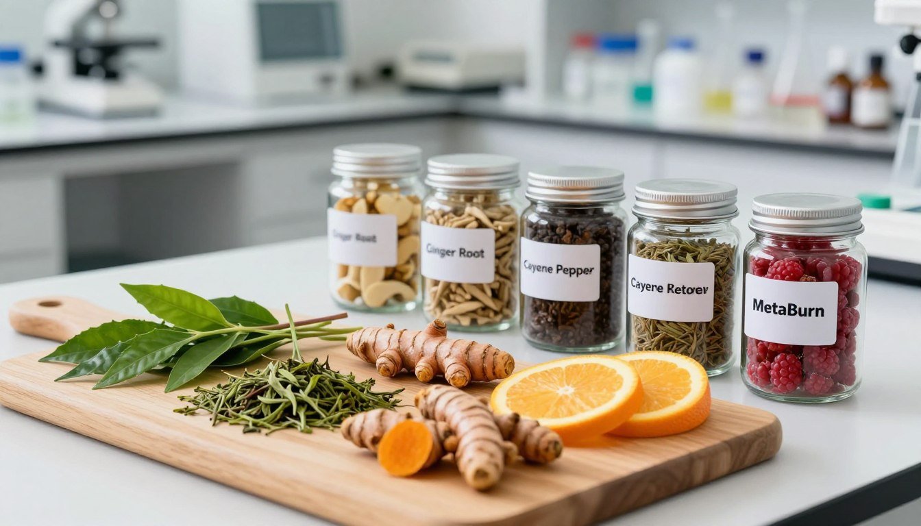 A clean, well-lit laboratory countertop showcasing an array of natural ingredients used in MetaBurn capsules. In the foreground, a wooden cutting board holds vibrant green herbs like green tea leaves, along with bright turmeric roots and orange slices. In the middle ground, glass jars with labels displaying the ingredient names like ‘Ginger Root’, ‘Cayenne Pepper’, and ‘Raspberry Ketones’ are meticulously arranged. The background features softly focused shelves filled with scientific equipment, hinting at a research-focused atmosphere. The lighting is bright, emphasizing the freshness and quality of the ingredients, while a slight soft focus creates a calm, professional mood. The angle is slightly overhead, providing a comprehensive view of the ingredients laid out carefully.
