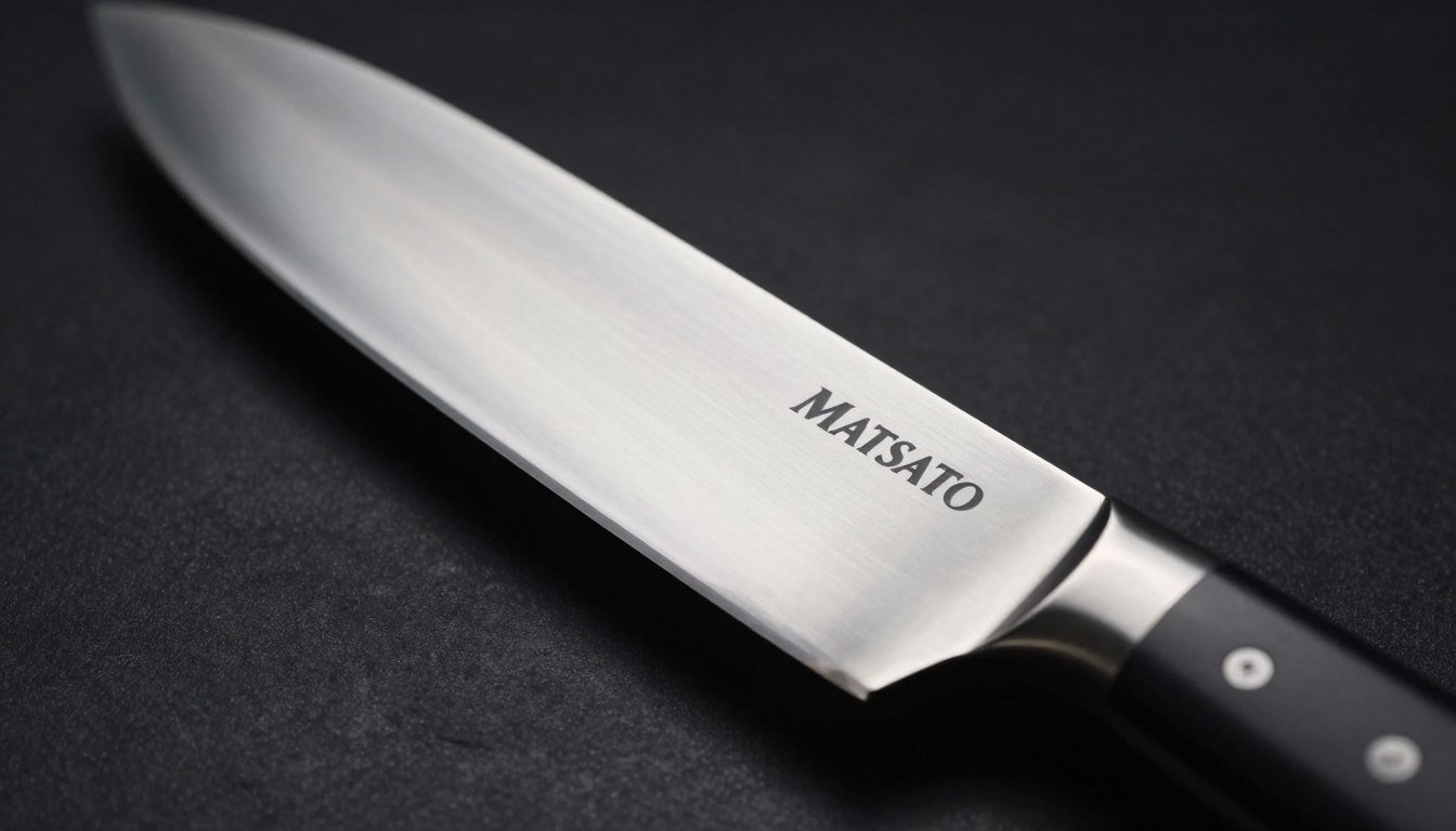 A close-up of a high-carbon stainless steel blade, showcasing its polished, mirror-like surface and finely honed edge. The blade is elegantly positioned against a dark, moody background, conveying a sense of sophistication and power. Captured in sharp focus, the intricate details of the steel's texture and reflections are highlighted by cinematic lighting that enhances its metallic luster. The Matsato Japanese Knives logo subtly appears on the blade, blending seamlessly into the design. The composition emphasizes the craftsmanship and build quality of the knife, evoking a professional kitchen ambience. The image is ultra-detailed in 8k resolution, inviting the viewer to appreciate the artistry behind the Matsato knife.