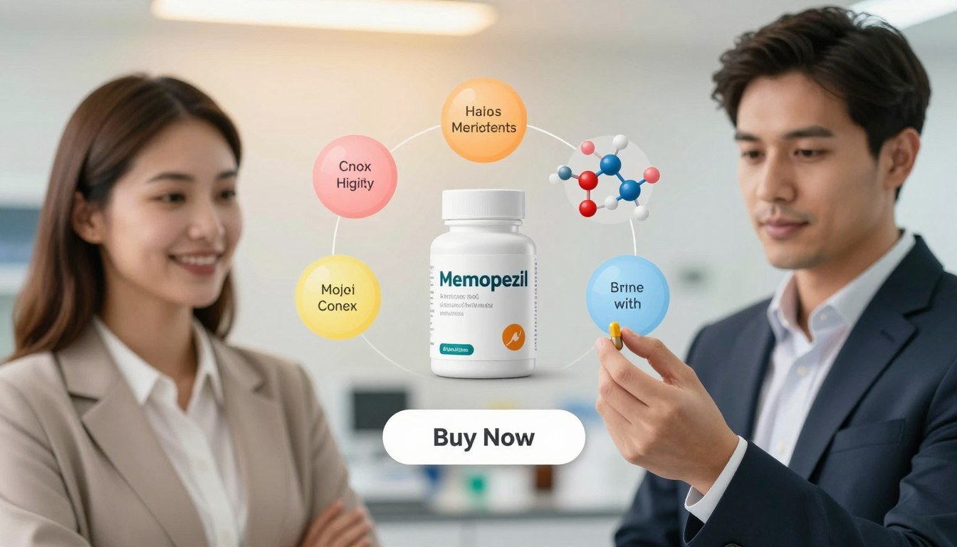 A close-up product display featuring Memopezil capsules analyzed for their ingredients. In the foreground, a man and woman in professional business attire hold the capsules, showcasing confidence and expertise. The woman has shoulder-length brown hair and a friendly smile, while the man sports a neat suit with a thoughtful expression. In the middle ground, a detailed breakdown of the ingredients is artistically displayed, using vibrant graphical representations or molecular structures, emphasizing the science behind the product. The background features a softly blurred lab or clinical setting with warm, inviting lighting to create an atmosphere of trust and professionalism. Below, a sleek "Buy Now" button is incorporated seamlessly. The brand name "Health And Wellness" is subtly integrated within the design, ensuring it enhances the overall composition without dominating the image.