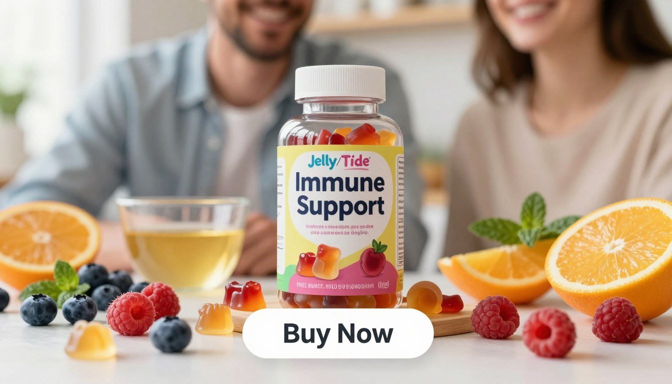 A close-up product image showcasing key ingredients in Jelly Tide Gummies. In the foreground, depict a man and a woman holding a vibrant, colorful bottle labeled "Immune Support." The gummies inside should be visible, displaying their enticing gummy shapes and colors. Surrounding them, present a variety of fresh, natural ingredients like gelatin, vitamins, and fruity elements such as blueberries, raspberries, and slices of citrus, creating a vibrant, appealing arrangement. In the background, a softly blurred kitchen setting conveys a health-conscious lifestyle with natural light streaming in, enhancing the freshness of the ingredients. Below the product, include a "Buy Now" button, designed in a modern and inviting style. The overall mood should be uplifting and motivating, highlighting the appealing qualities of the gummies.