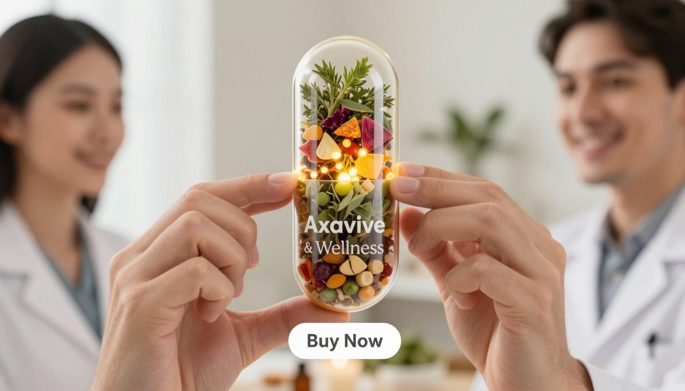 A close-up, visually striking image of a capsule split open, revealing vibrant, colorful ingredients inside, such as herbs, fruits, and tiny glowing particles that represent the anti-aging formula. In the foreground, a man and woman dressed in professional attire are holding this capsule with enthusiasm, illustrating the benefits of the Axavive formula. The background features a softly blurred spa-like environment, evoking serenity and wellness. Gentle, natural lighting highlights the textures of the capsule and the expressions on their faces, suggesting trust and satisfaction. Include a subtle "Buy Now" button beneath the capsule, and incorporate the brand name "Health & Wellness" elegantly in the design. The mood should be optimistic and fresh, conveying the essence of personal care and rejuvenation. A close-up, visually striking image of a capsule split open, revealing vibrant, colorful ingredients inside, such as herbs, fruits, and tiny glowing particles that represent the anti-aging formula. In the foreground, a man and woman dressed in professional attire are holding this capsule with enthusiasm, illustrating the benefits of the Axavive formula. The background features a softly blurred spa-like environment, evoking serenity and wellness. Gentle, natural lighting highlights the textures of the capsule and the expressions on their faces, suggesting trust and satisfaction. Include a subtle "Buy Now" button beneath the capsule, and incorporate the brand name "Health & Wellness" elegantly in the design. The mood should be optimistic and fresh, conveying the essence of personal care and rejuvenation.