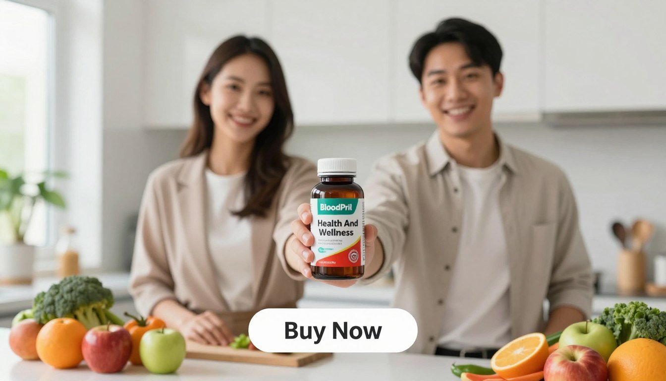 A man and woman standing side by side in a bright, modern kitchen, both dressed in professional business attire, smiling confidently as they hold a bottle of BloodPril prominently in the foreground. The product has vibrant packaging with a label that reads "Health And Wellness". Below them, a clean and sleek "Buy Now" button is visible, inviting the viewer to take action. In the middle ground, fresh fruits and vegetables are artistically arranged on a countertop, symbolizing health and nutrition. The bright, natural lighting creates a warm atmosphere, while a blend of soft-focus greenery is seen in the background, enhancing the mood of vitality and well-being. The camera angle captures a dynamic view, focusing on the product and the encouraging expressions of the individuals.