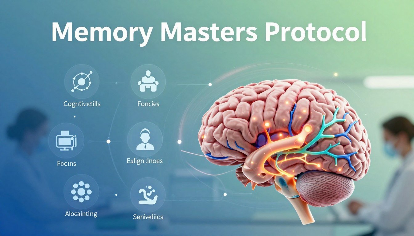 A professional healthcare aesthetic showcasing the "Memory Masters Protocol" features, emphasizing brain imagery. In the foreground, an anatomical illustration of a human brain, highlighted with vibrant neural pathways and glowing synapses, symbolizing memory enhancement. In the middle ground, sleek digital elements represent the program's components, including symbols for cognitive skills, focus, and training exercises, arranged in a dynamic, eye-catching layout. In the background, a soft gradient of blue and green colors suggests a calming atmosphere, illuminated by gentle, ambient lighting to create a sense of clarity and focus. The image should evoke a mood of professionalism and innovation in brain training. The scene should not include any text, watermarks, or signatures.