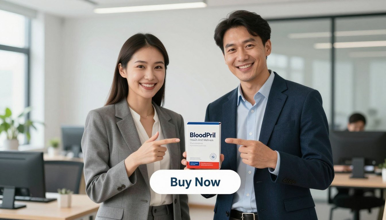 A professional looking man and woman, both dressed in smart business attire, are standing together in a bright, well-lit modern office environment, showcasing the BloodPril product. The man is holding the sleek BloodPril packaging in one hand, while the woman points towards it with an inviting smile, highlighting its benefits. In the foreground, the product package is clearly visible, with the brand name "Health And Wellness" elegantly displayed on the packaging. In the middle ground, a visually appealing "Buy Now" button appears beneath the product, suggesting urgency and action. The background features contemporary office decor and soft natural lighting, creating a professional and trustworthy atmosphere. The overall mood is one of assurance and health empowerment, aiming to convey the positive impact of BloodPril on wellness.