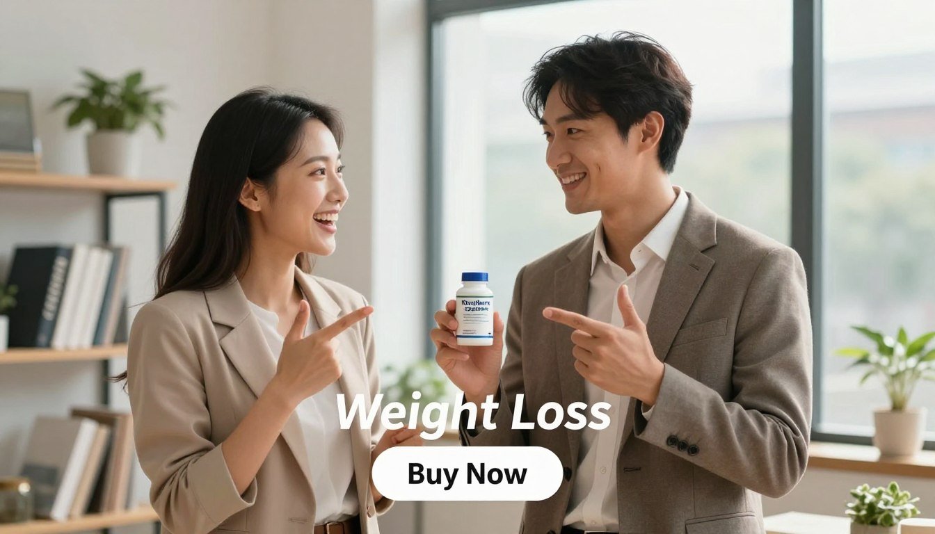 A professional product image depicting a man and woman in modest business attire, demonstrating the benefits of "Novuburn Capsules". The man, with a confident smile, holds the product in one hand, while the woman, radiating energy, gestures towards it enthusiastically. They are positioned in a well-lit, modern office environment, accentuated by soft natural light filtering through a large window, creating a warm and inviting atmosphere. In the background, a stylish shelf displays wellness books and green plants, reinforcing the health theme. At the bottom of the image, a prominent "Buy Now" button is subtly integrated, along with the brand name "Weight Loss" artistically featured. The overall composition conveys a sense of balance, vitality, and professional appeal.