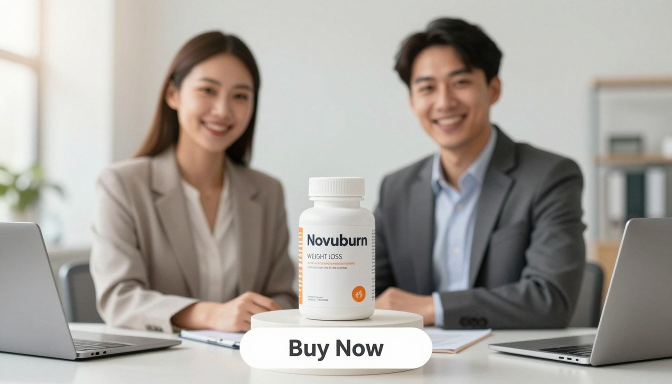 A professional, sleek product display featuring Novuburn weight loss capsules prominently in the foreground. A man and woman in smart business attire are holding the bottle, showcasing its details with confident smiles. The middle ground includes a clean, modern table with neutral colors, highlighting the product as the focal point. In the background, a softly blurred, bright office environment conveys a sense of productivity and health. The lighting is bright and inviting, with a warm glow to enhance the overall atmosphere of energy and positivity. Below the product, a simple, elegant 'Buy Now' button is visible, suggesting action and accessibility. The image should evoke a feeling of trust and well-being, perfect for a health supplement overview.