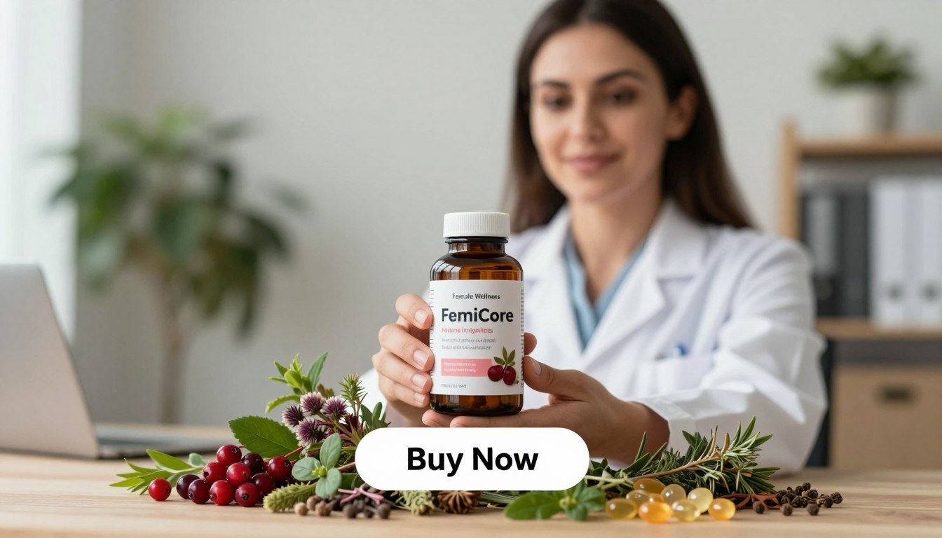 A professional woman in a white lab coat holds a bottle labeled "FemiCore" showcasing its natural ingredients. The foreground features the product prominently, with herbs like cranberry, herbal extracts, and vitamins artistically arranged around it. The middle ground includes a soft focus on the background, highlighting a blurred office environment with plants for a natural vibe. Light filters in softly, creating a warm, inviting atmosphere that conveys trust and wellness. The composition is shot with a balanced lens to accentuate the details of the bottle and its appealing label. A "Buy Now" button is included below the product image, and the brand name "Female Wellness" is clearly integrated, enhancing the product-focused visual while maintaining a professional aesthetic.