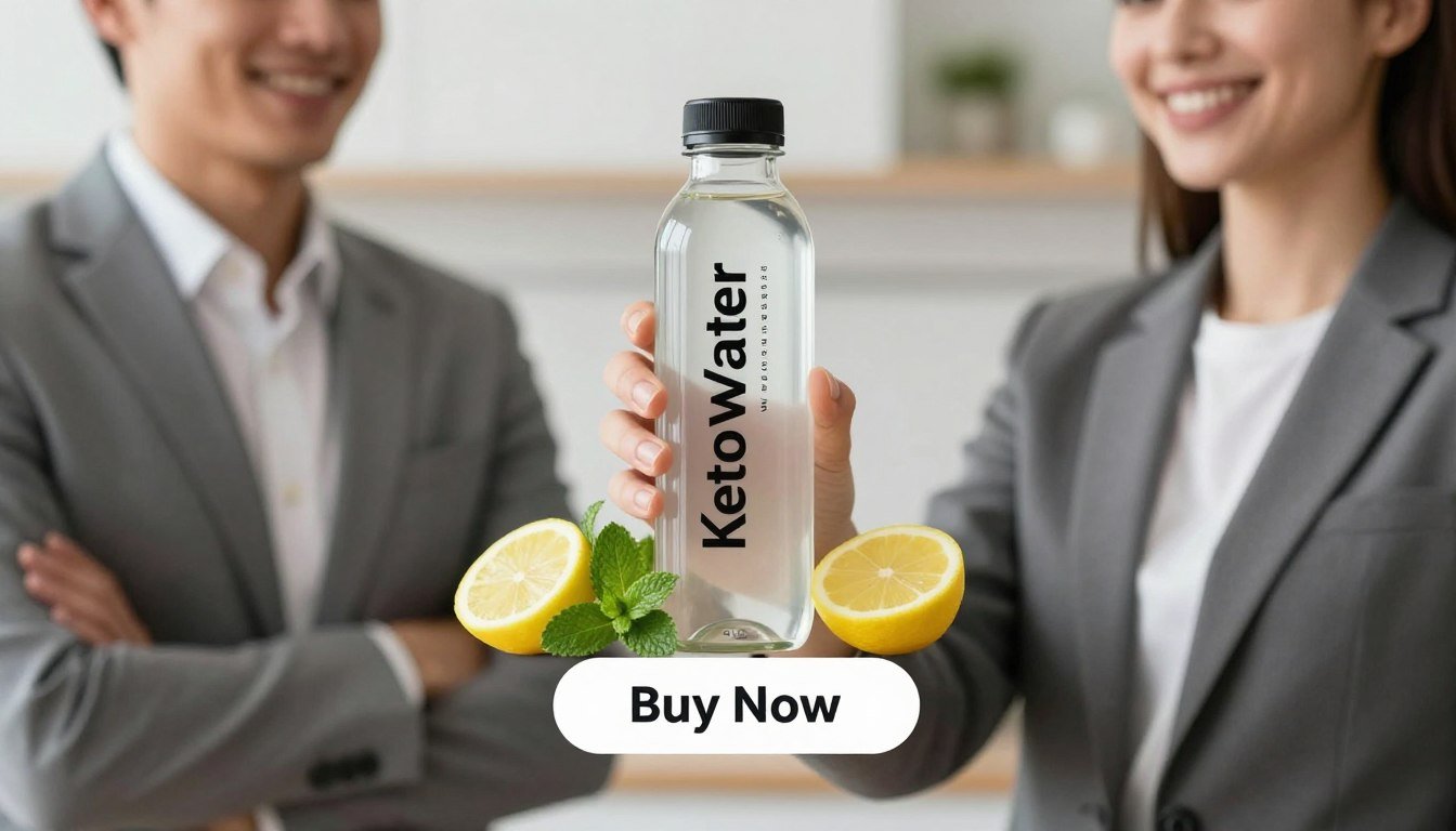 A sleek and modern depiction of "KetoWater," an advanced keto hydration formula, featuring a stylish glass bottle with a minimalist design showcasing the brand name "Weight Management." In the foreground, a man and a woman, dressed in professional business attire, are holding the hydration formula with smiles, exuding confidence and health. The middle ground captures subtle details of fresh, vibrant ingredients like lemon, mint, and electrolytes artfully arranged beside the product, emphasizing its refreshing nature. The background features a clean, bright kitchen or fitness-oriented setup with soft lighting, creating an inviting atmosphere. A prominent "Buy Now" button is placed below the product, encouraging action and enhancing the commercial aspect without any text or distractions.