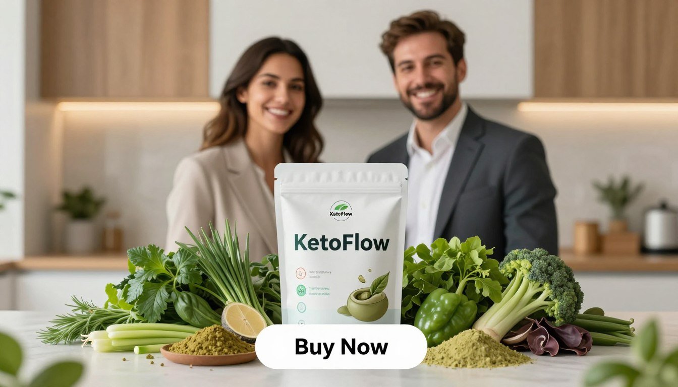 A vibrant and engaging product image showcasing "KetoFlow" ingredients, featuring a man and woman dressed in professional business attire. The foreground includes the sleek, modern packaging of KetoFlow prominently displayed, with fresh herbs, green powders, and various natural components artfully arranged around it to highlight their health benefits. In the middle ground, the couple smiles confidently while holding the product, embodying a sense of trust and wellness. The background features a softly blurred home kitchen setting with warm, ambient lighting that creates an inviting atmosphere, emphasizing health and vitality. At the bottom of the image, a clear "Buy Now" button complements the composition. Brand name "Health & Wellness" is subtly integrated into the design, enhancing the image’s professional appeal.