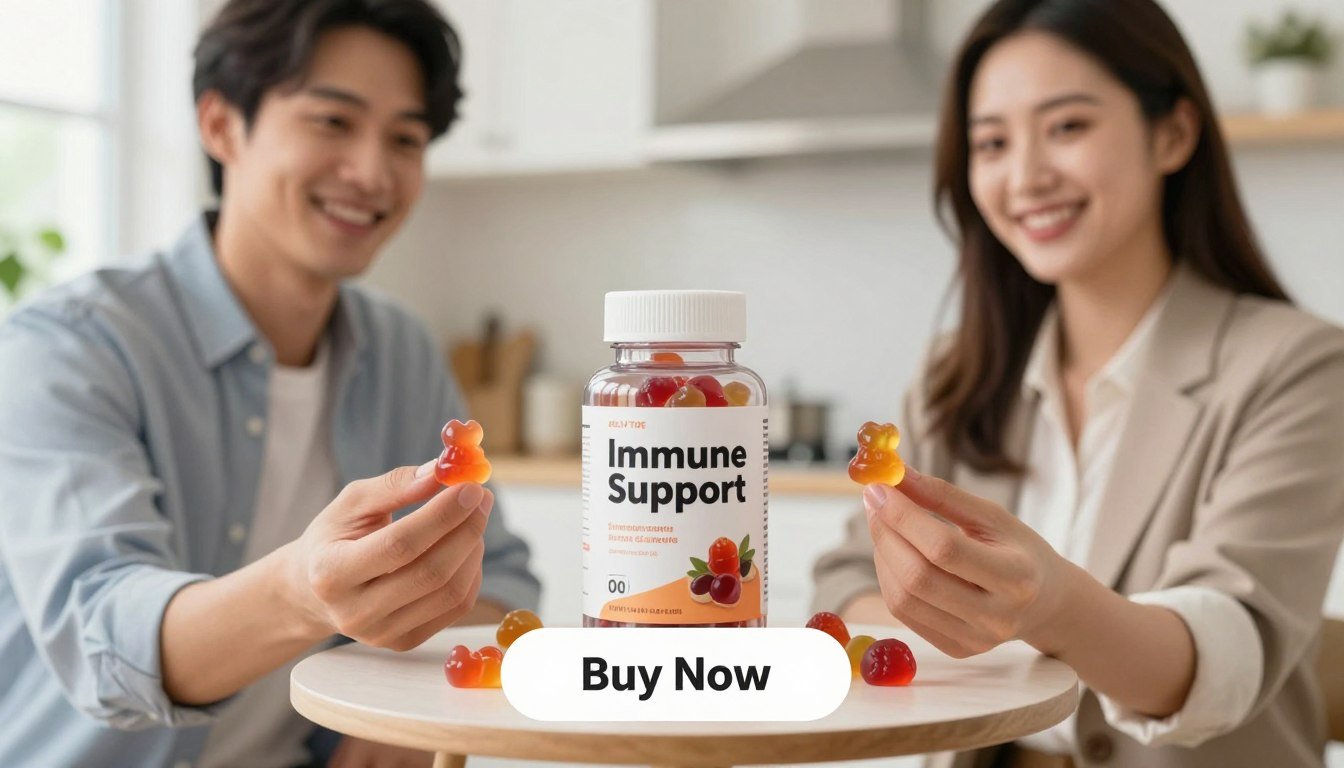 A vibrant image of two individuals, a man and a woman, standing side by side, each holding a bottle of Jelly Tide Gummies prominently labeled "Immune Support." The gummies are colorful and jelly-like, with a translucent appearance that catches the light. The foreground features the couple displaying friendly smiles and dressed in professional business attire. The middle ground includes a softly illuminated table with the gummies bottle placed front and center. In the background, a pleasant, light-filled kitchen setting adds a warm ambiance, with subtle greenery visible through a window. A stylized “Buy Now” button rests beneath the gummies, emphasizing accessibility. The mood is inviting and health-conscious, designed to promote the idea of wellness and fat metabolism support. The lighting is bright yet soft, creating a cheerful atmosphere to attract attention.