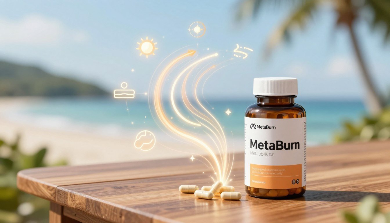 A vibrant, stylized depiction of the MetaBurn metabolism concept. In the foreground, showcase a sleek bottle of MetaBurn capsules with an eye-catching design, positioned on a polished wooden table. In the middle, illustrate a dynamic representation of metabolism—flowing energy lines and abstract icons symbolizing fat burning and energy efficiency radiate from the capsules, with soft, glowing light effects. In the background, a blurred, serene landscape depicting a natural setting (like a calm forest or tranquil beach) exudes a sense of well-being and health. The lighting is bright and inviting, emphasizing the product while maintaining a harmonious atmosphere of vitality and wellness. Capture this from a slightly elevated angle using a shallow depth of field to create focus on the capsules and energy illustrations.