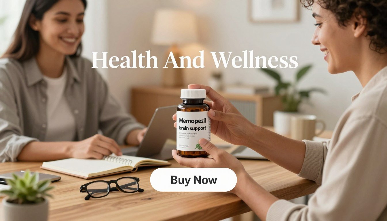 A visually appealing image depicting "Memopezil brain support" as a wellness product. In the foreground, a man and a woman, both dressed in smart casual attire, are proudly holding a sleek, modern bottle of Memopezil, showcasing the label clearly. In the middle ground, a stylish, natural wooden desk is adorned with health-related elements like a notepad, glasses, and a plant, enhancing the thematic focus on brain health. The background features a softly blurred home office environment with warm, inviting lighting, creating a relaxed yet focused atmosphere. A "Buy Now" button is subtly integrated below the product. The brand name "Health And Wellness" is elegantly displayed in a contemporary font, harmonizing with the overall aesthetic. The mood is uplifting, suggesting vitality and clarity associated with effective memory support.
