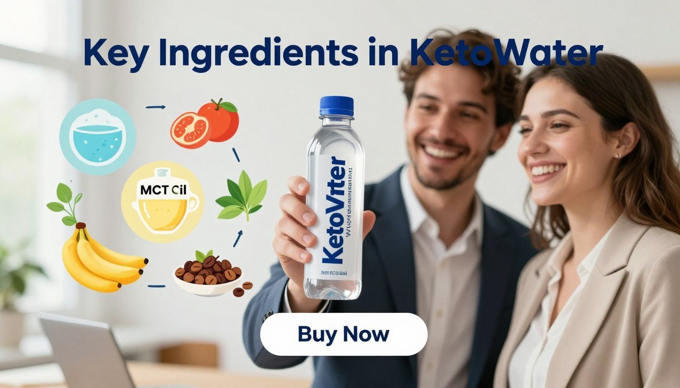 A visually engaging image of "Key Ingredients in KetoWater," showcasing a dynamic composition featuring a man and a woman. The couple, dressed in professional business attire, is joyfully holding a sleek, modern bottle of KetoWater, labeled with the brand name "Weight Management." In the background, vibrant illustrations of key ingredients like electrolytes, MCT oil, and natural flavors are artistically displayed, creating an informative yet appealing atmosphere. Soft, natural lighting enhances the freshness of the scene, with a shallow depth of field focusing on the couple and the product, while a simple "Buy Now" button is placed elegantly beneath. The overall mood should evoke health, vitality, and a sense of energy, perfect for enticing readers about the benefits of KetoWater.
