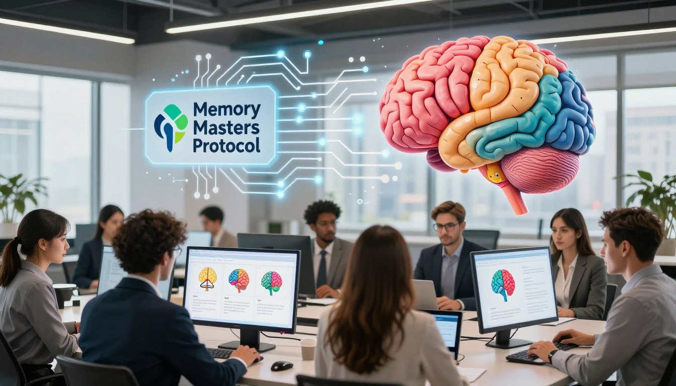 A visually striking illustration representing the "Memory Masters Protocol," showcasing a brain highlighted in vibrant colors, symbolizing cognitive enhancement and memory improvement. In the foreground, a diverse group of professionals in business attire engages with digital interfaces displaying brain training exercises. In the middle, a translucent overlay of brain circuitry and neural pathways connects to the visuals of the Memory Masters Protocol logo, emphasizing its innovative approach. The background features a modern, sleek office environment with large windows, letting in natural light and a sense of productivity. The atmosphere is inspiring and focused, with soft, warm lighting to create an inviting ambiance. The composition captures both the youthful energy and professional integrity of the Memory Masters Protocol, perfect for illustrating its essence.