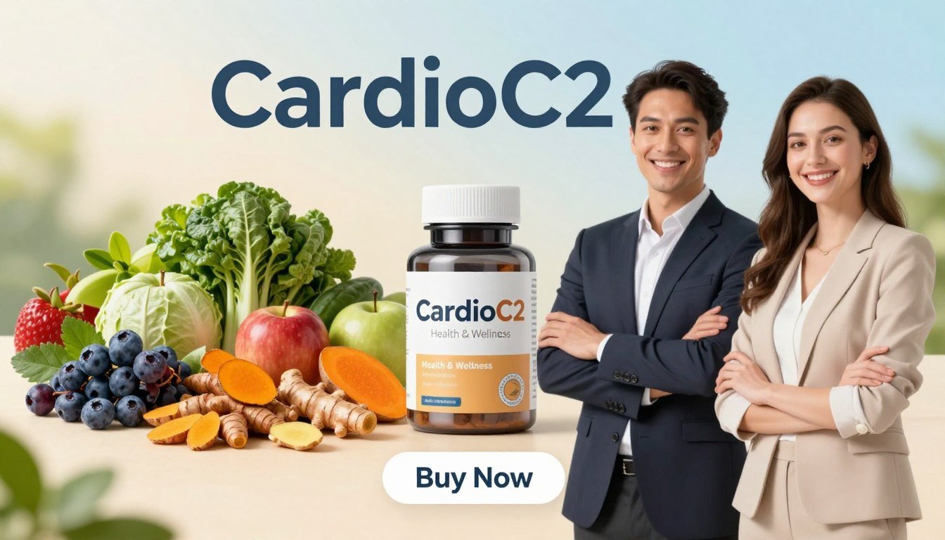 A well-lit, detailed product display featuring "CardioC2" ingredients prominently. In the foreground, a man and a woman in professional business attire are confidently holding a sleek, modern bottle labeled "CardioC2" by "Health & Wellness". They are smiling, standing side by side, showcasing the product's appeal. The middle ground includes an array of colorful, fresh ingredients that represent the key components of CardioC2, such as berries, turmeric, ginger, and leafy greens, artfully arranged. The background features a subtle gradient, evoking a calm and healthy atmosphere, with soft focus to draw attention to the subjects and ingredients. The lighting is bright and inviting, emphasizing freshness and vitality, with a "Buy Now" button displayed below the product for a concise, action-inspiring touch.