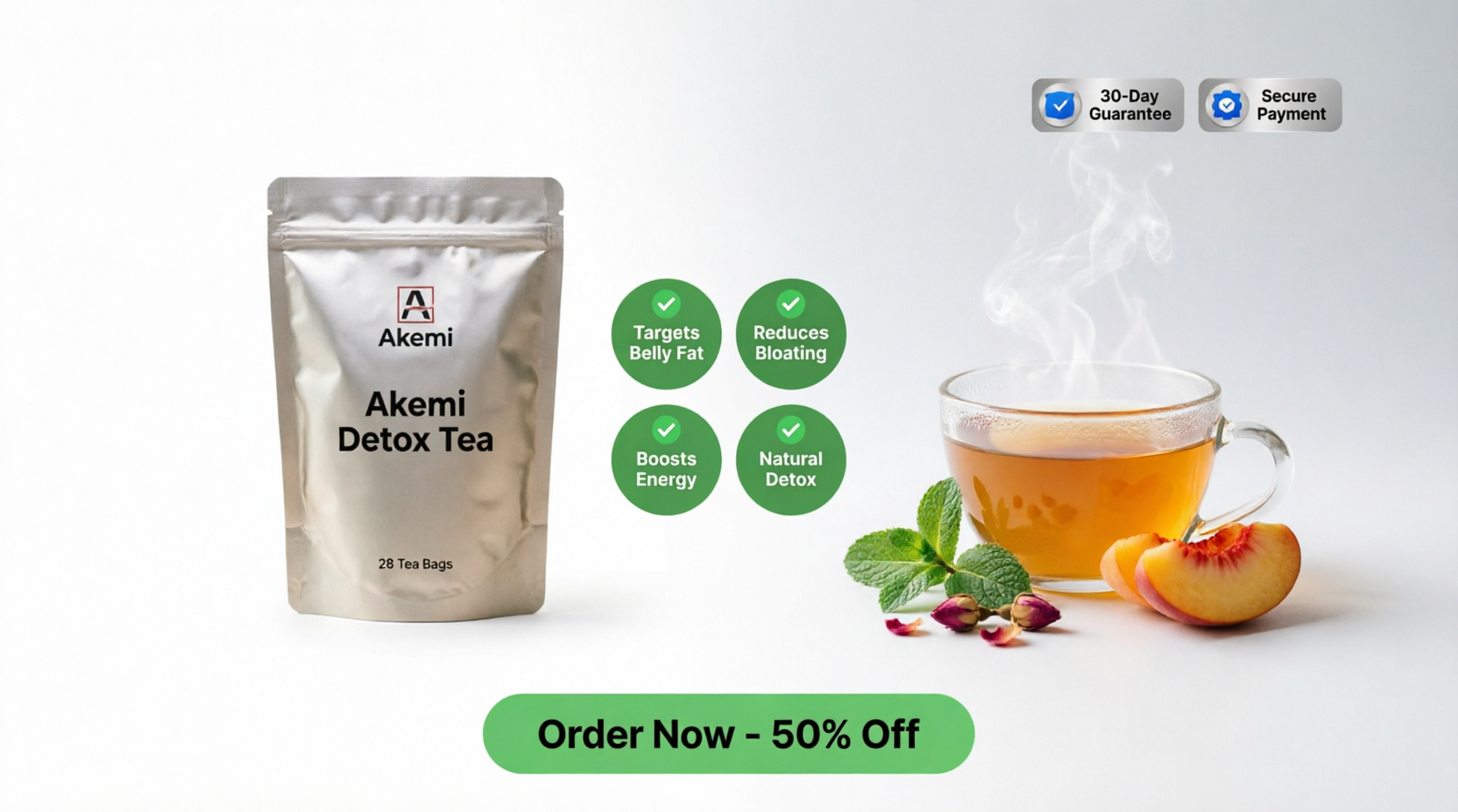 Akemi Detox Tea packaging showing the red pouch with 28 tea bags and a glass cup with brewed tea Akemi Detox Tea Review