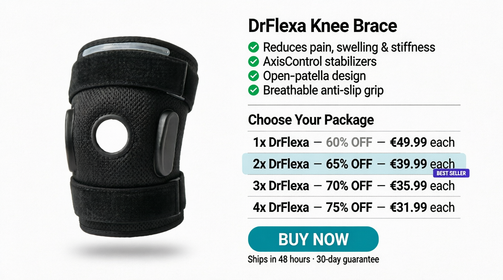 DrFlexa Knee Brace showing AxisControl stabilizers and open-patella
