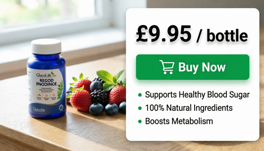GlucoLife Plus bottle next to fresh berries and a glucose monitor