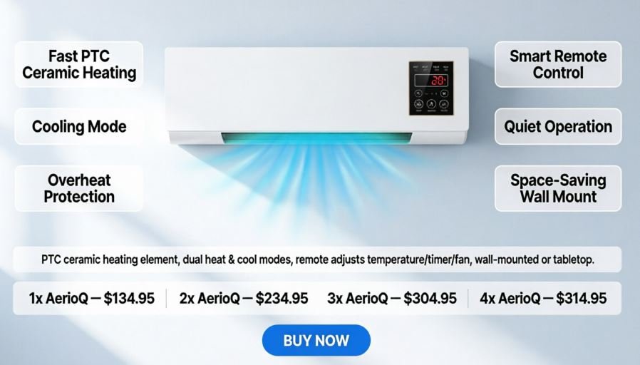 AerioQ Portable AC mounted on a bedroom wall next to a bed AerioQ Portable AC mounted on a bedroom wall next to a bed