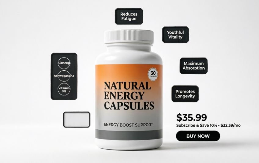 Hemavex Natural Energy Capsules bottle showing 30 capsules for natural energy boost support with ginseng and ashwagandha
